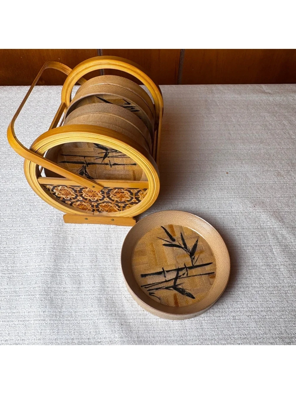 Vintage Bamboo Coaster Set of 6 With Handled Holder Asian Bamboo Design